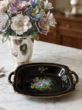Vintage 1930s Japanese Floral Moriage Handpainted Black Glaze Handled Bowl